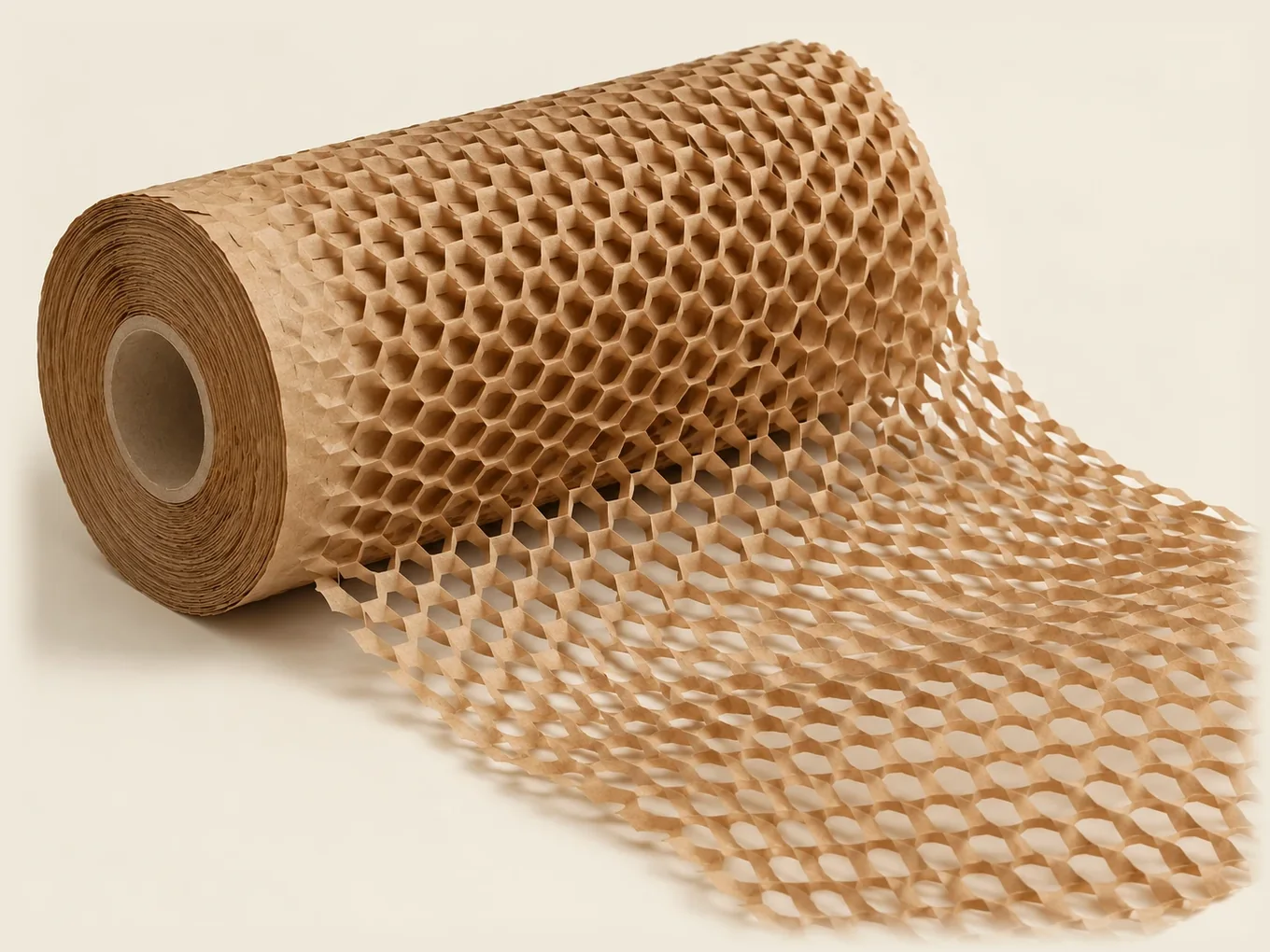 Roll of kraft honeycomb paper wrap pulled into an open hexagonal mesh