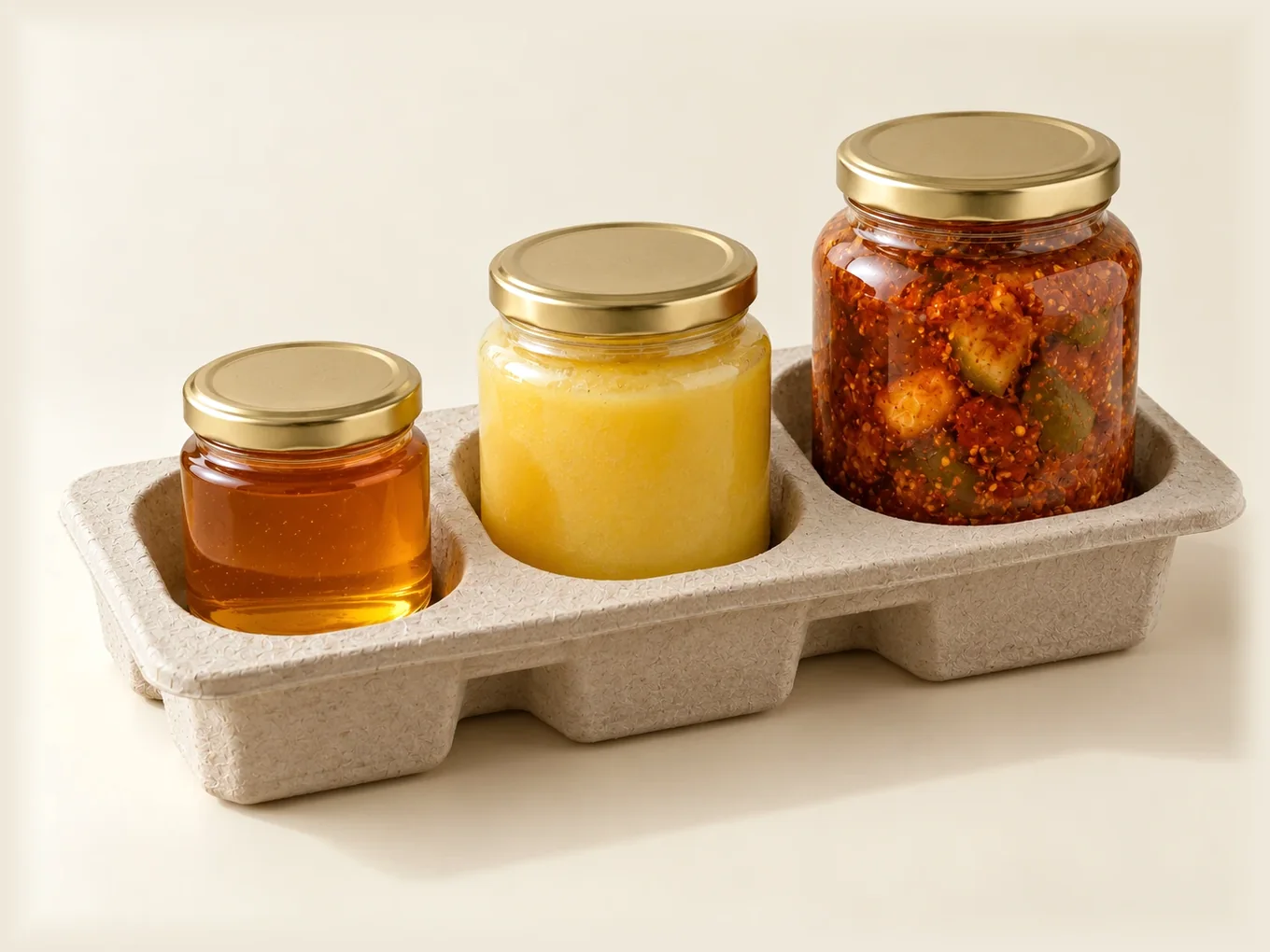 Glass jars of honey, ghee and pickle in a moulded pulp tray